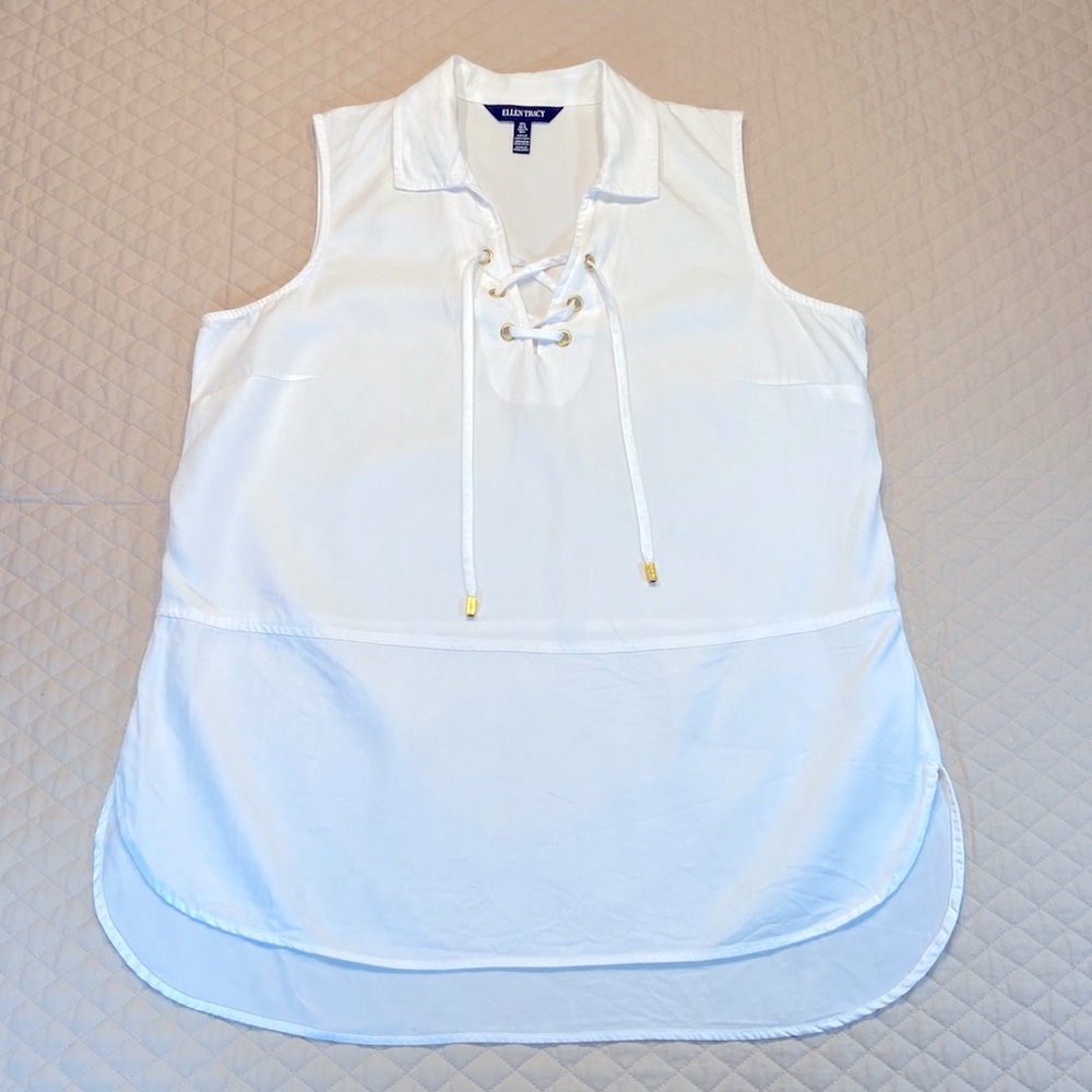 Ellen Tracy Sleeveless Tunic. Lace up Neckline. White. Hi-Lo Hem. Large.